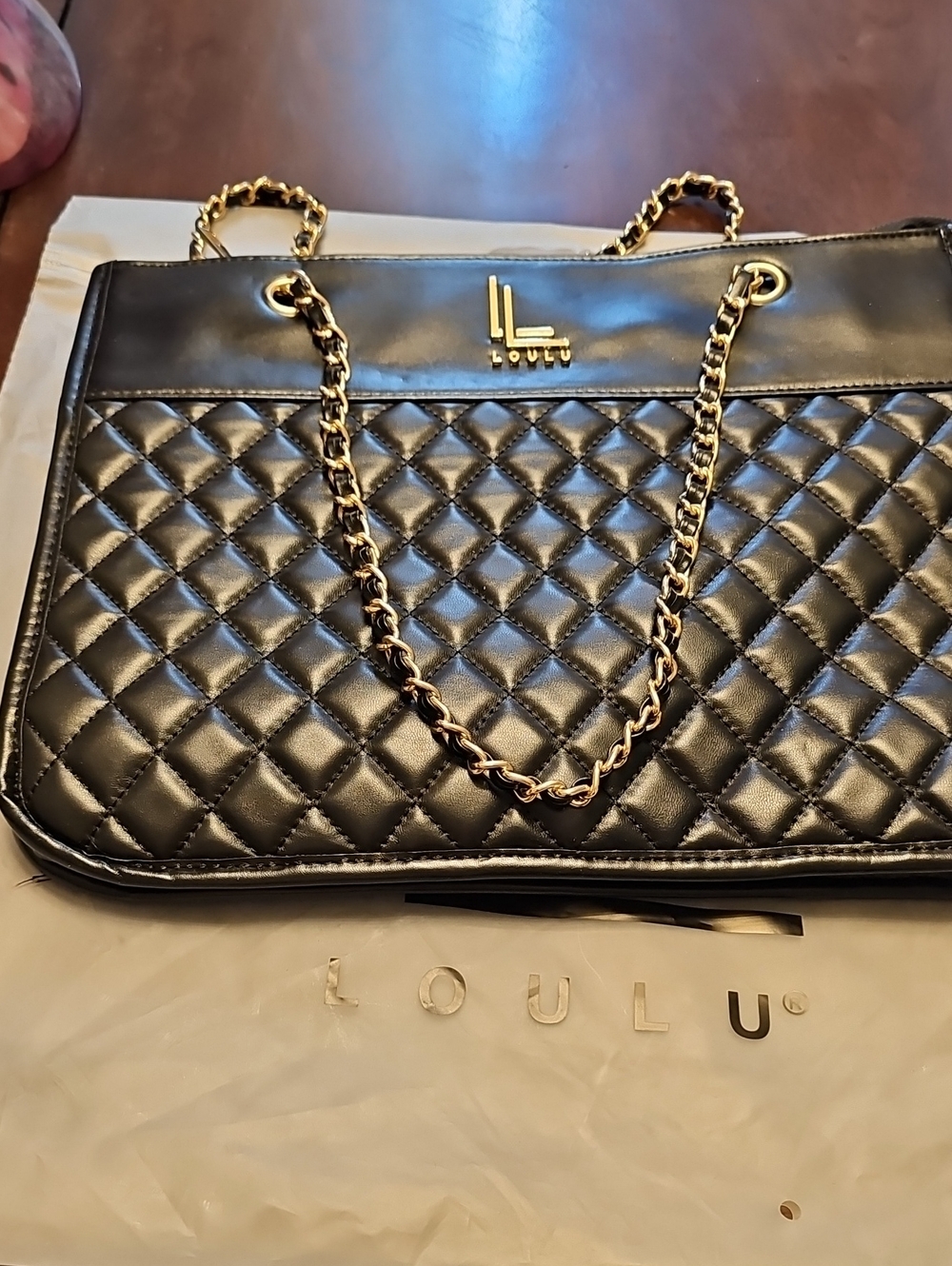 LOULU Black Quilted Shoulder Bag with Gold Chain